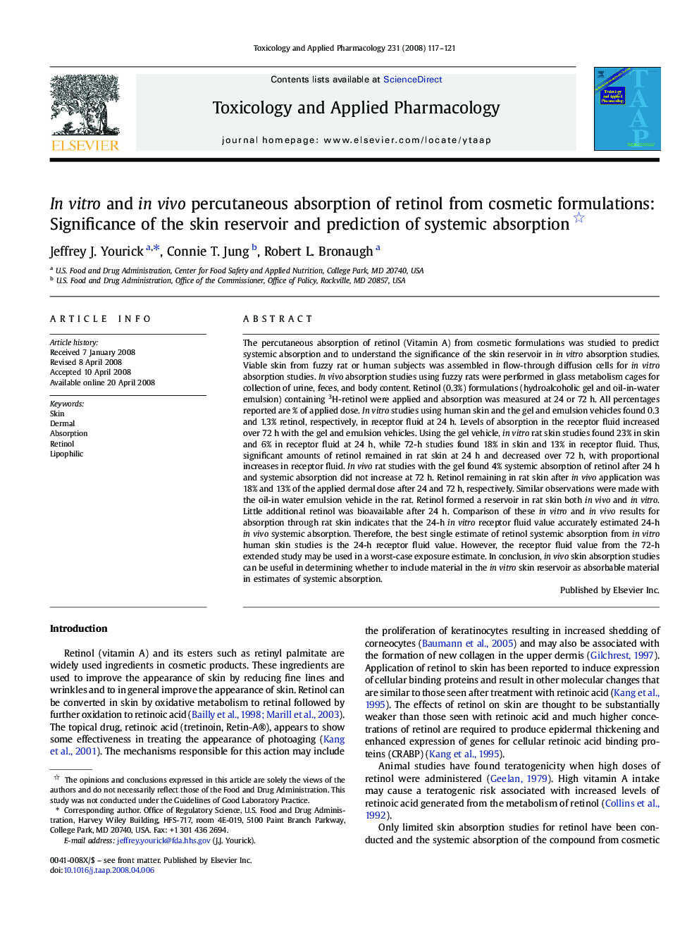 In vitro and in vivo percutaneous absorption of retinol from cosmetic formulations: Significance of the skin reservoir and prediction of systemic absorption 