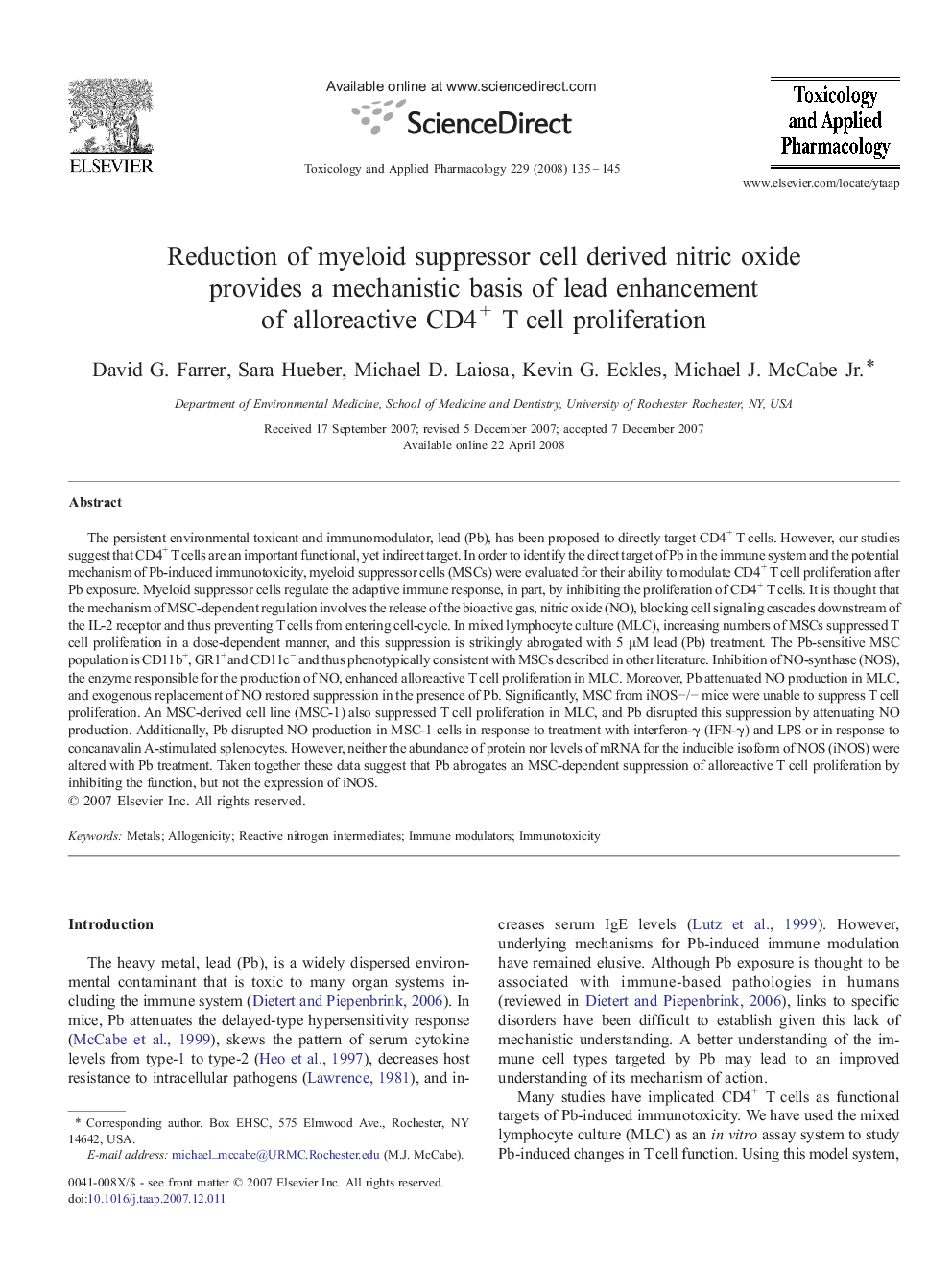 Reduction of myeloid suppressor cell derived nitric oxide provides a mechanistic basis of lead enhancement of alloreactive CD4+ T cell proliferation