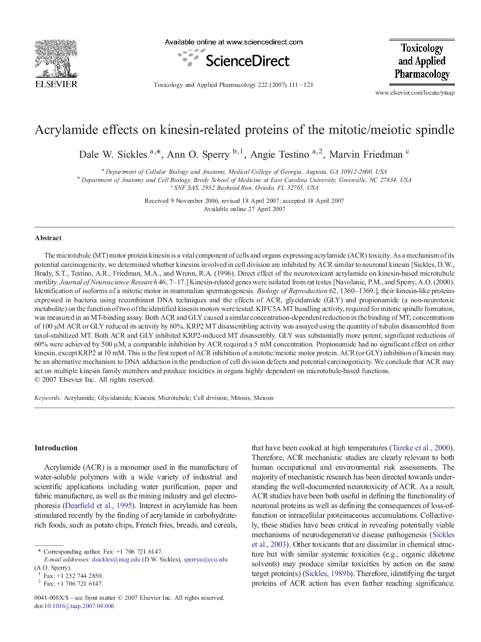 Acrylamide effects on kinesin-related proteins of the mitotic/meiotic spindle