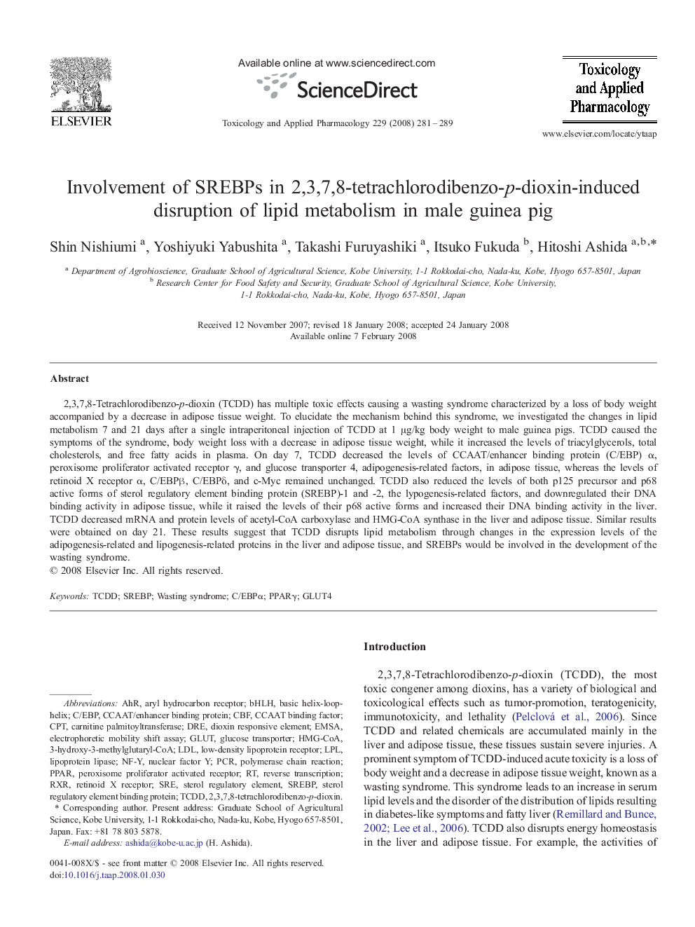 Involvement of SREBPs in 2,3,7,8-tetrachlorodibenzo-p-dioxin-induced disruption of lipid metabolism in male guinea pig