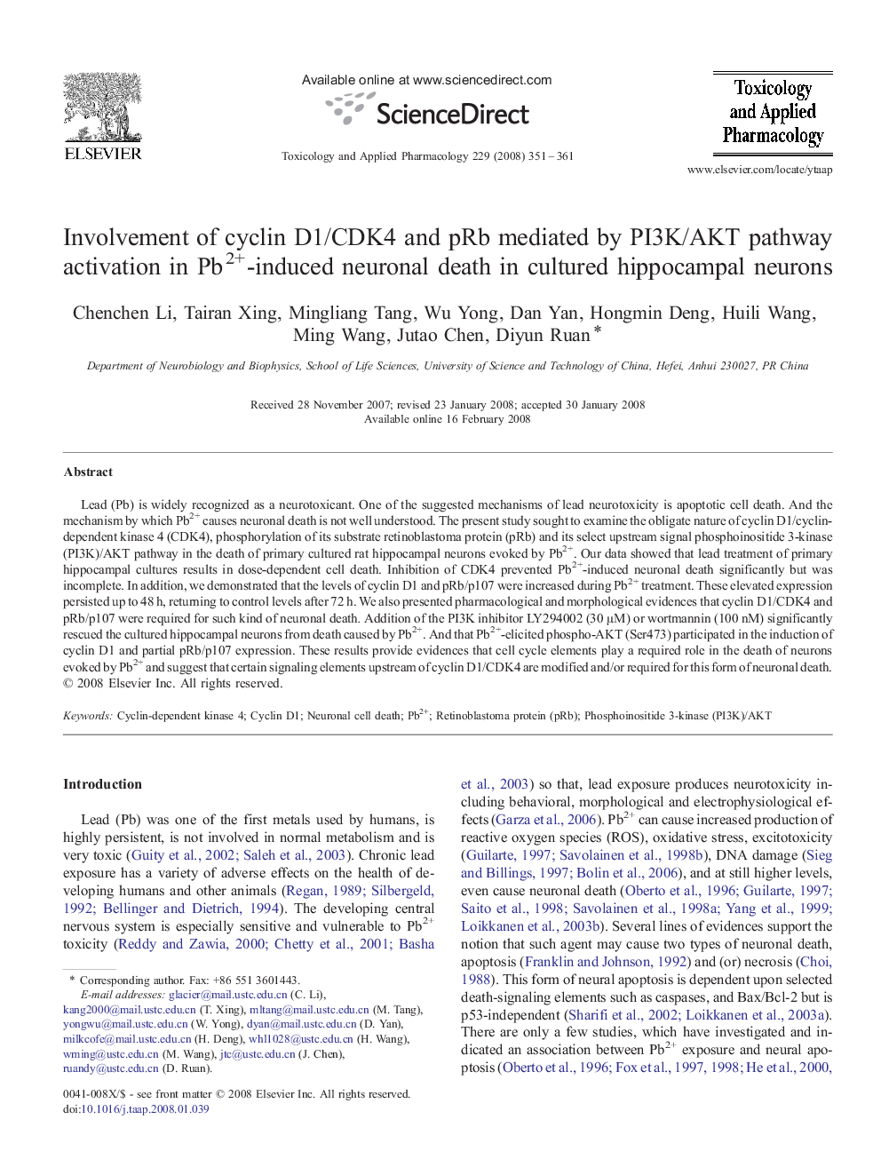 Involvement of cyclin D1/CDK4 and pRb mediated by PI3K/AKT pathway activation in Pb2+-induced neuronal death in cultured hippocampal neurons