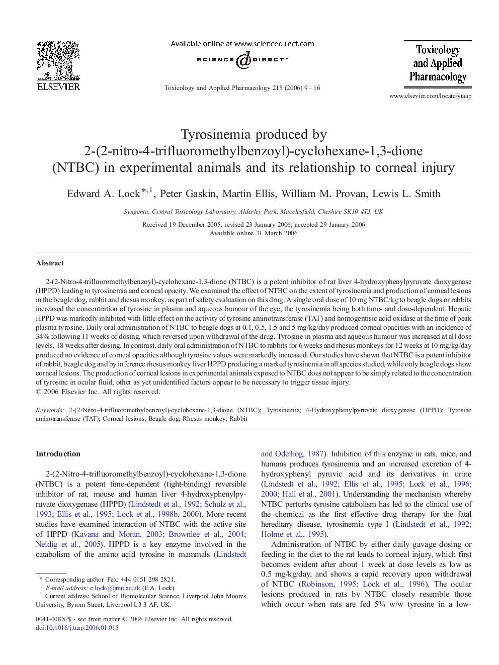 Tyrosinemia produced by 2-(2-nitro-4-trifluoromethylbenzoyl)-cyclohexane-1,3-dione (NTBC) in experimental animals and its relationship to corneal injury