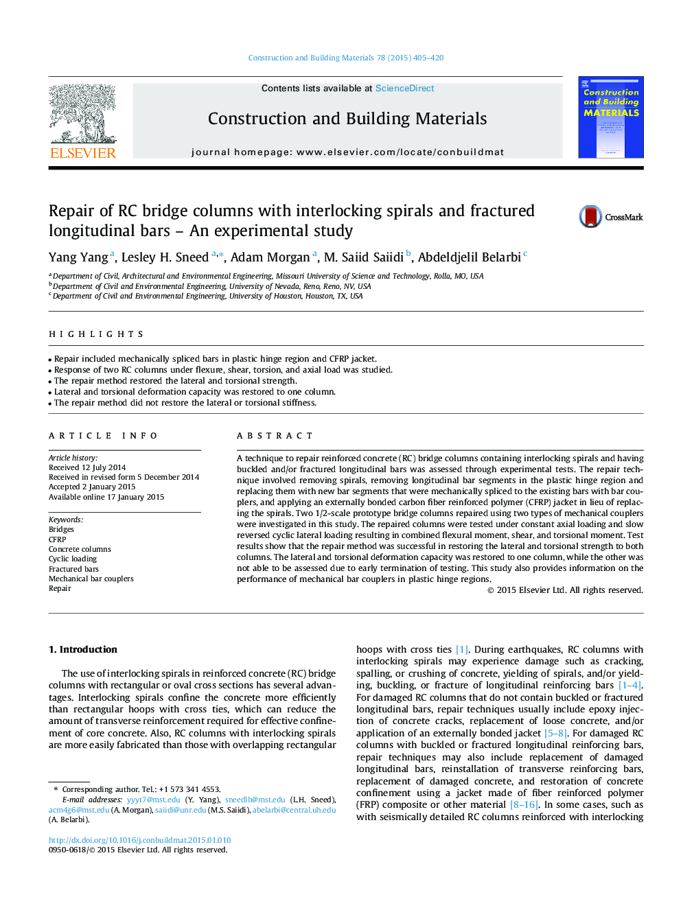 Repair of RC bridge columns with interlocking spirals and fractured longitudinal bars – An experimental study