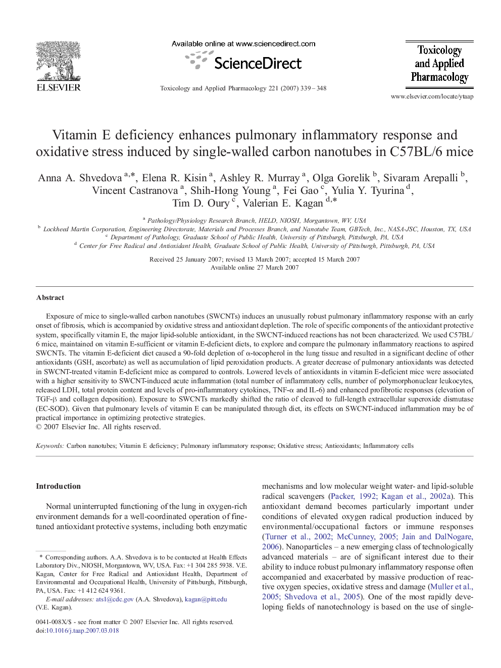 Vitamin E deficiency enhances pulmonary inflammatory response and oxidative stress induced by single-walled carbon nanotubes in C57BL/6 mice