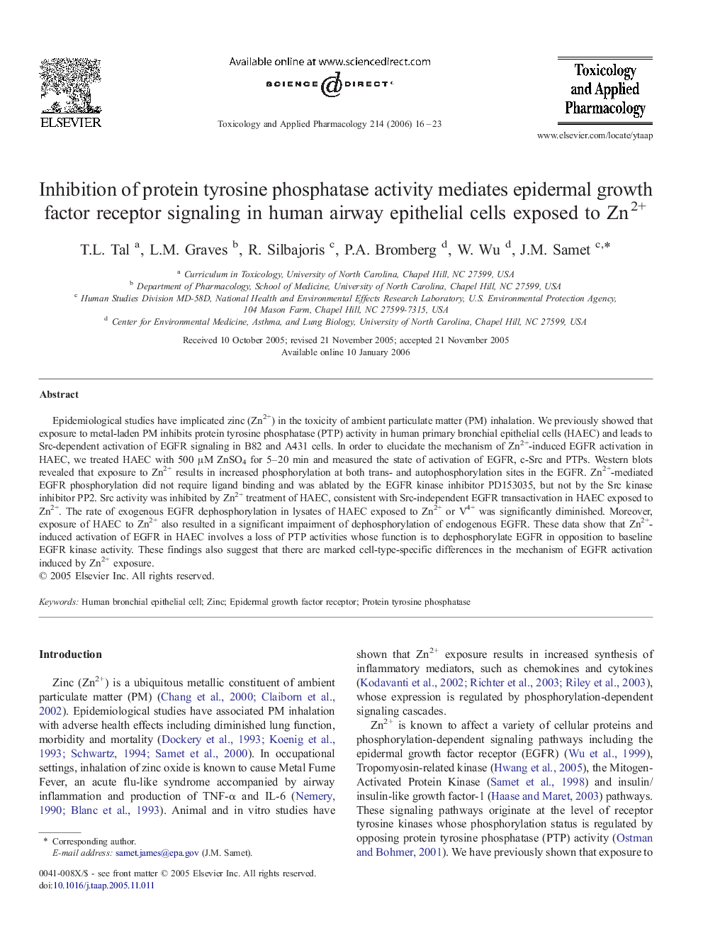 Inhibition of protein tyrosine phosphatase activity mediates epidermal growth factor receptor signaling in human airway epithelial cells exposed to Zn2+