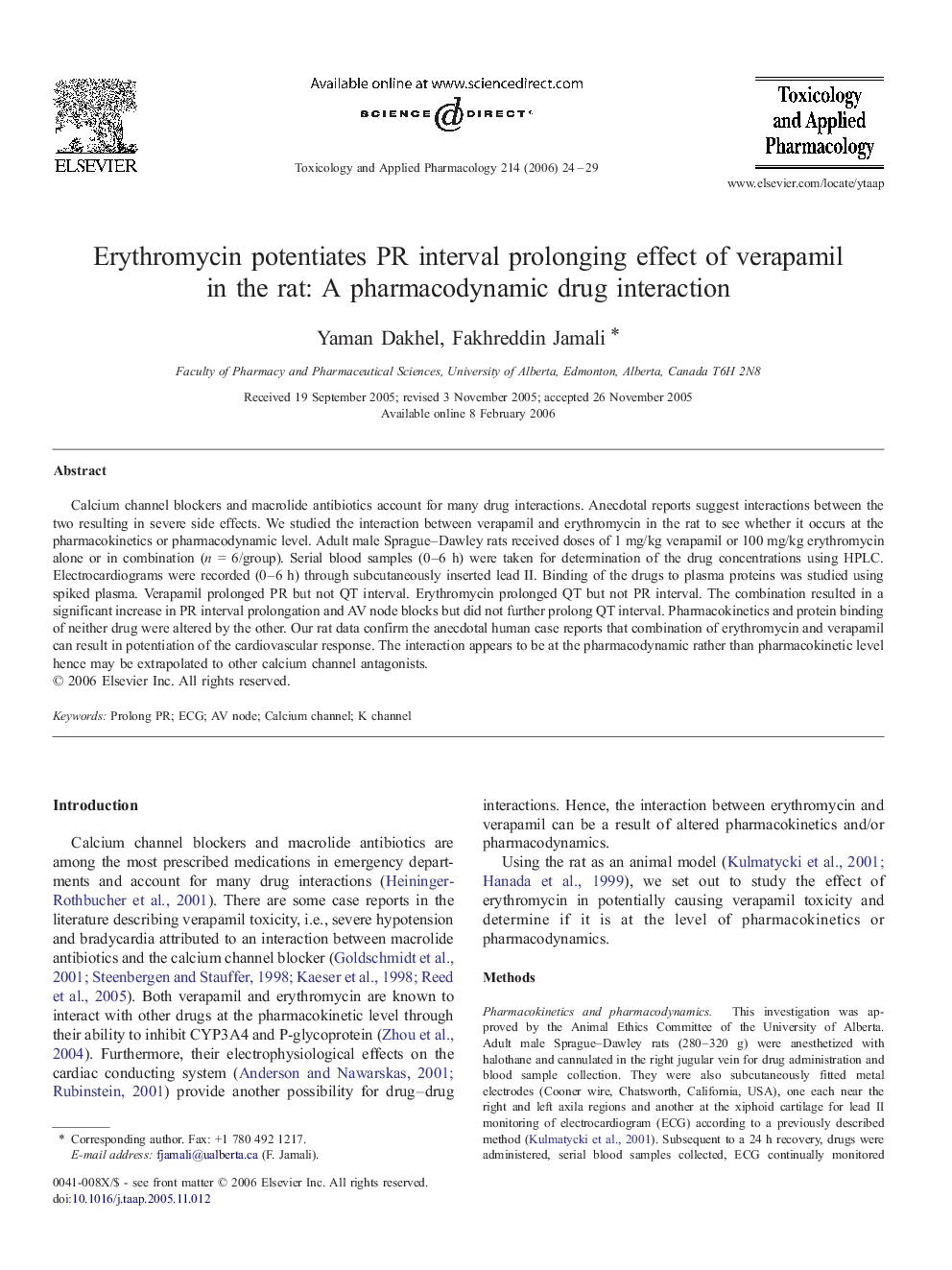 Erythromycin potentiates PR interval prolonging effect of verapamil in the rat: A pharmacodynamic drug interaction