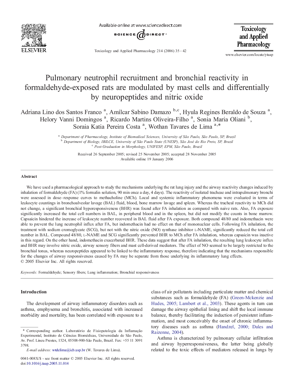 Pulmonary neutrophil recruitment and bronchial reactivity in formaldehyde-exposed rats are modulated by mast cells and differentially by neuropeptides and nitric oxide