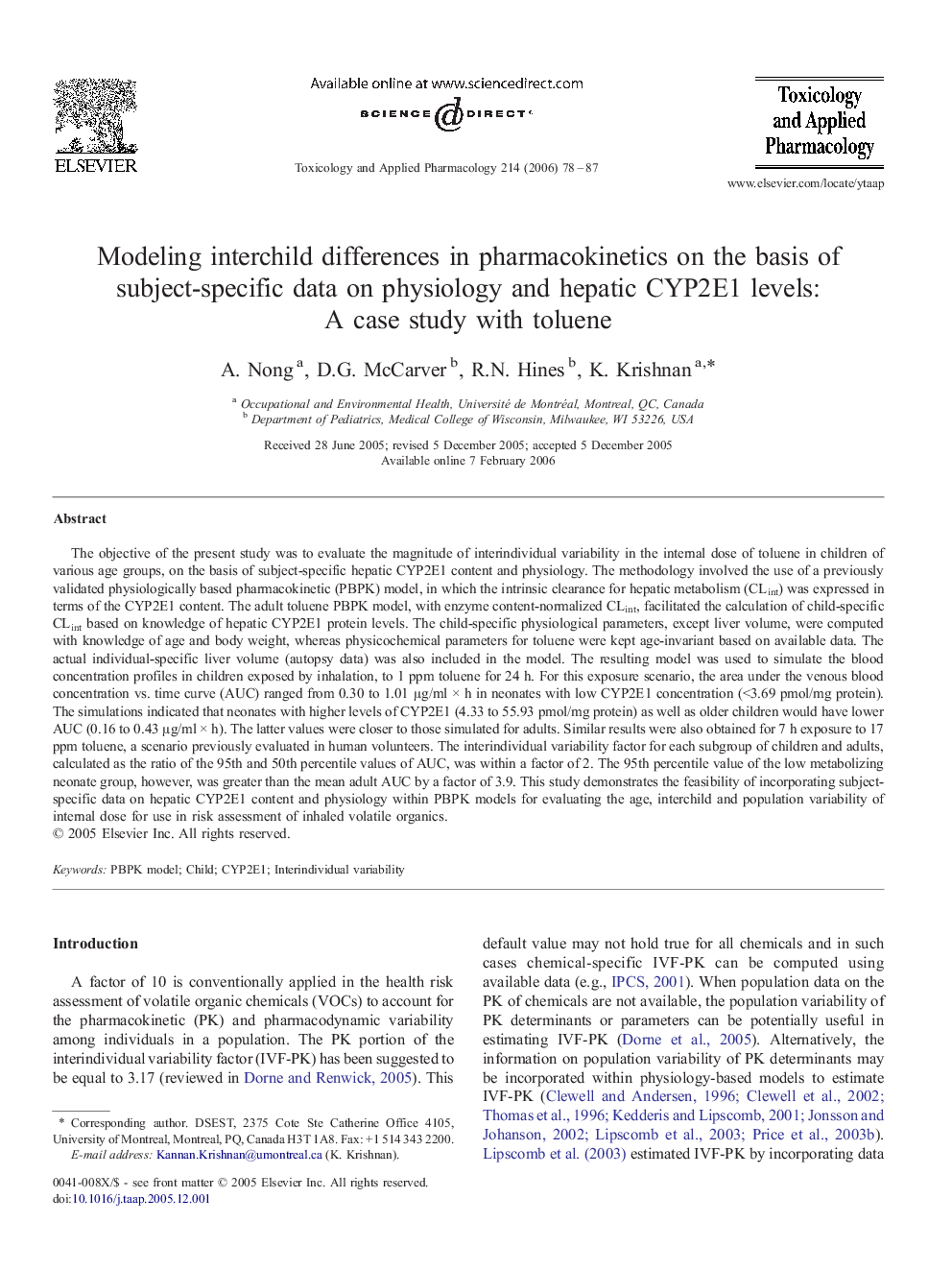 Modeling interchild differences in pharmacokinetics on the basis of subject-specific data on physiology and hepatic CYP2E1 levels: A case study with toluene