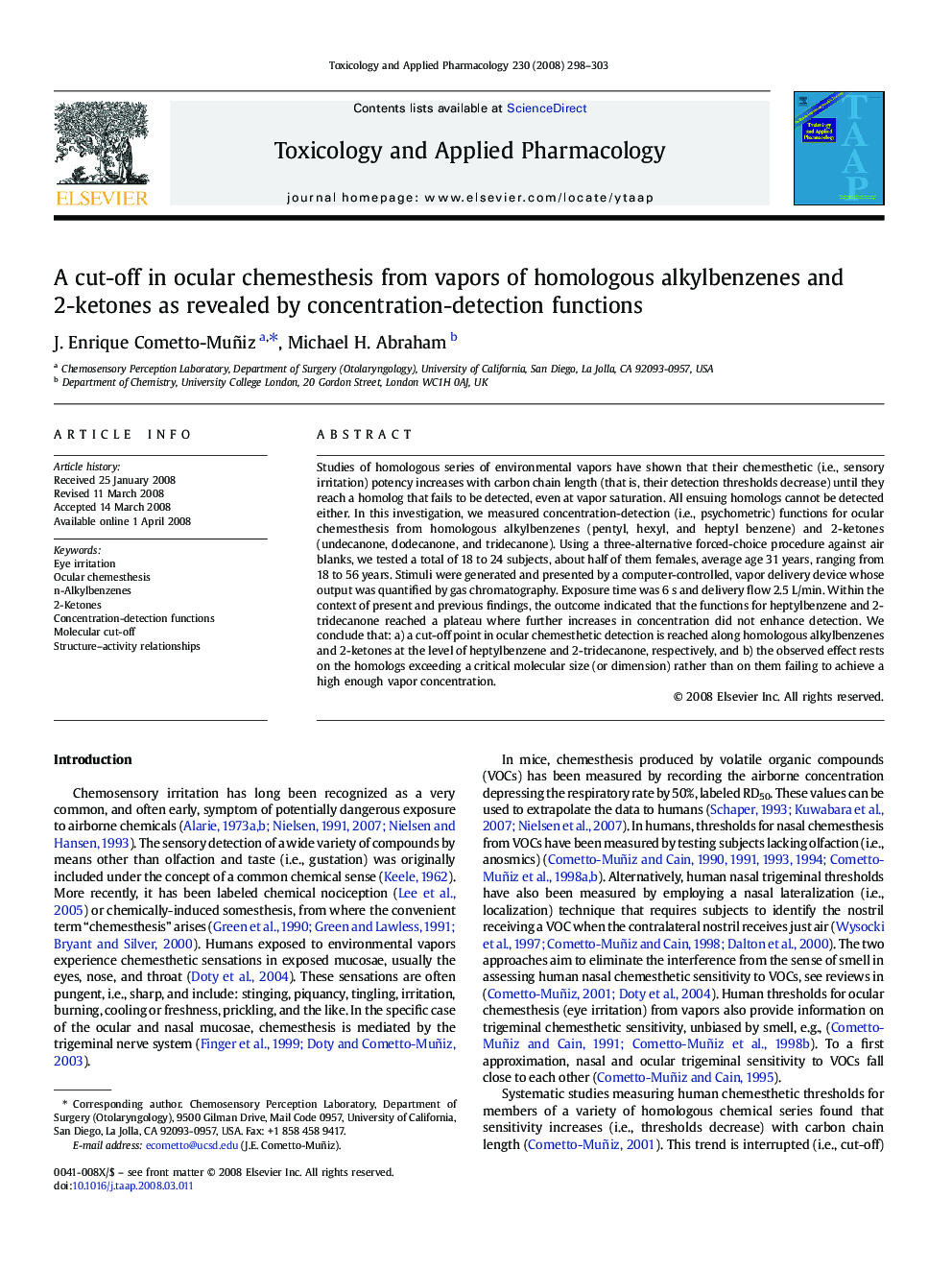 A cut-off in ocular chemesthesis from vapors of homologous alkylbenzenes and 2-ketones as revealed by concentration-detection functions