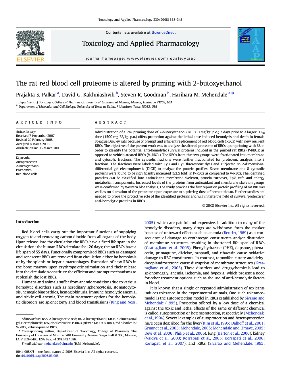 The rat red blood cell proteome is altered by priming with 2-butoxyethanol