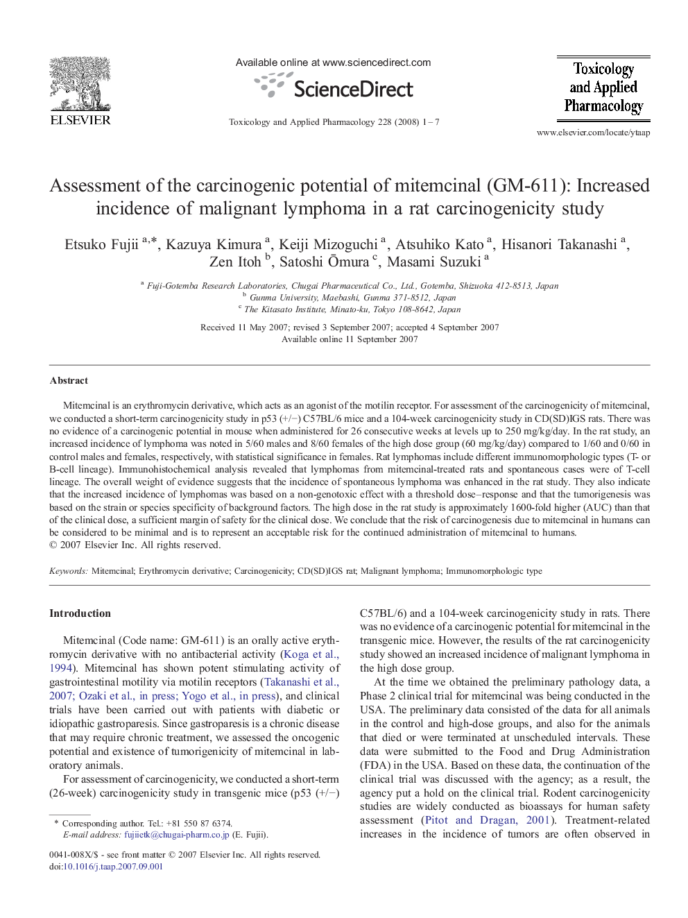 Assessment of the carcinogenic potential of mitemcinal (GM-611): Increased incidence of malignant lymphoma in a rat carcinogenicity study