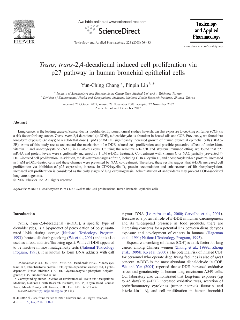 Trans, trans-2,4-decadienal induced cell proliferation via p27 pathway in human bronchial epithelial cells