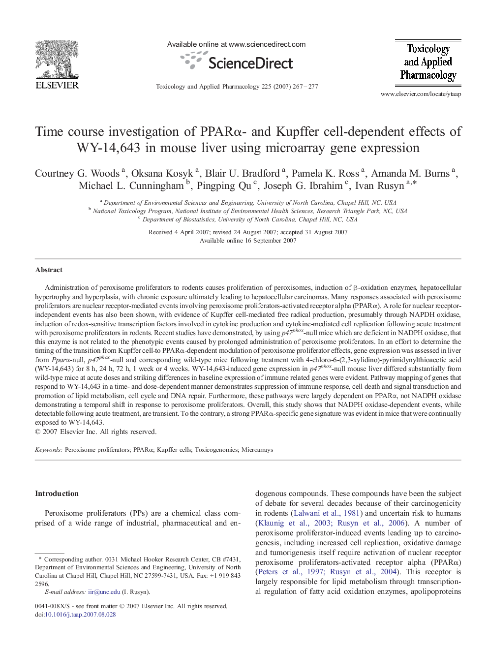 Time course investigation of PPARÎ±- and Kupffer cell-dependent effects of WY-14,643 in mouse liver using microarray gene expression