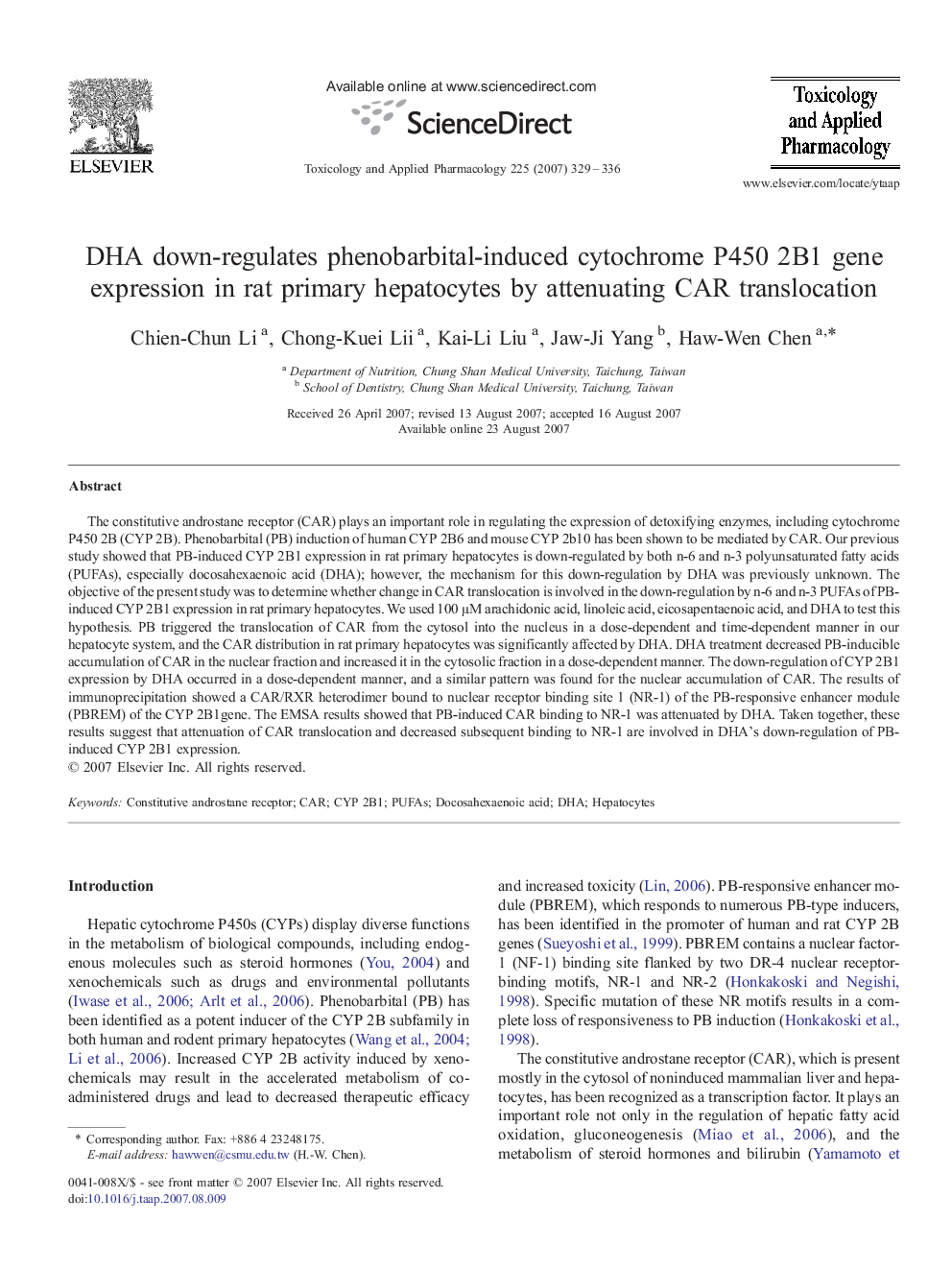 DHA down-regulates phenobarbital-induced cytochrome P450 2B1 gene expression in rat primary hepatocytes by attenuating CAR translocation