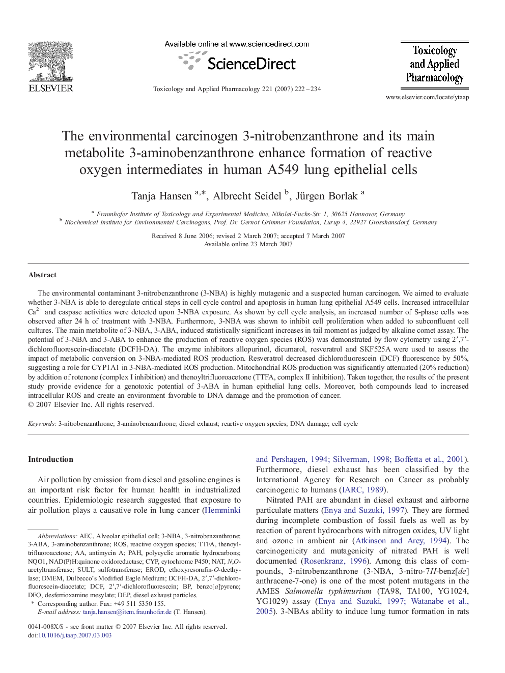 The environmental carcinogen 3-nitrobenzanthrone and its main metabolite 3-aminobenzanthrone enhance formation of reactive oxygen intermediates in human A549 lung epithelial cells