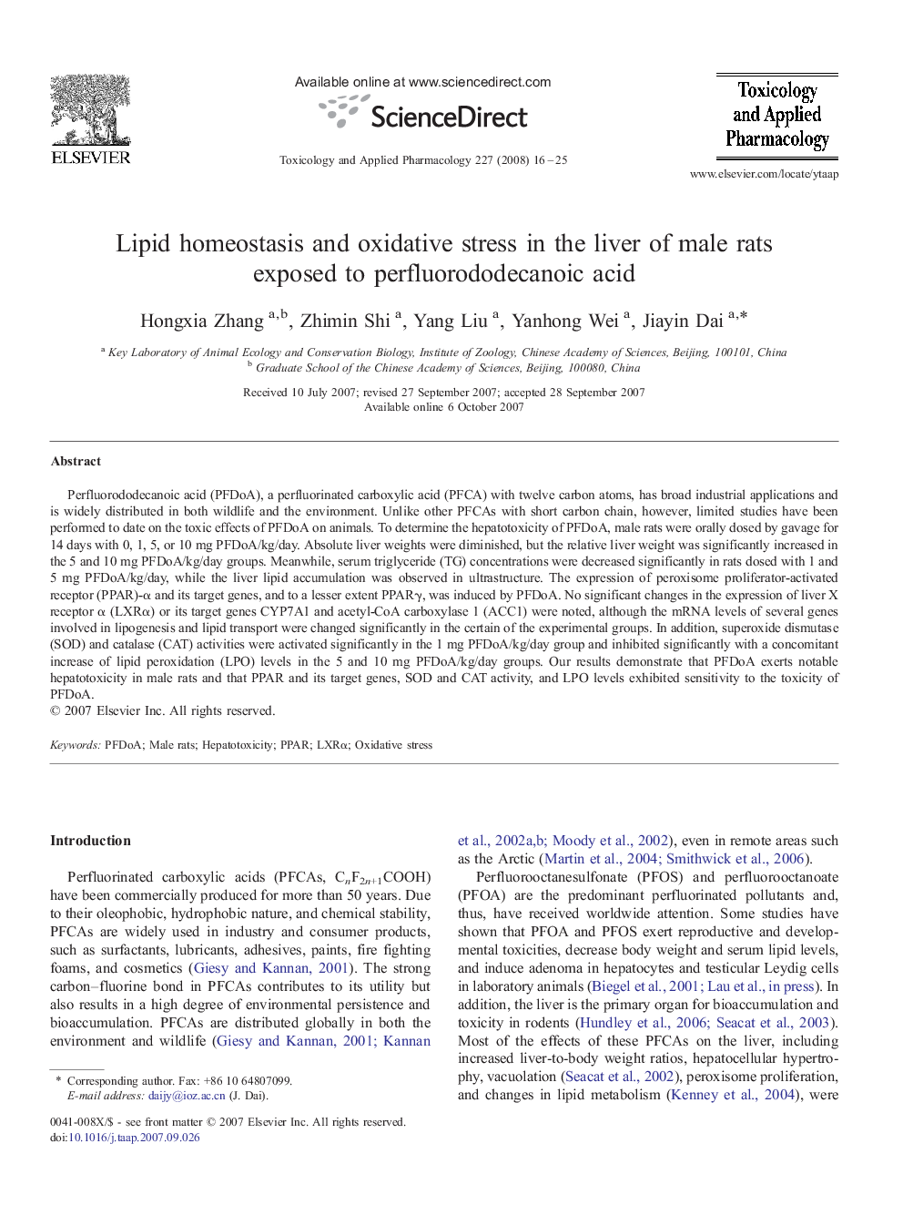 Lipid homeostasis and oxidative stress in the liver of male rats exposed to perfluorododecanoic acid