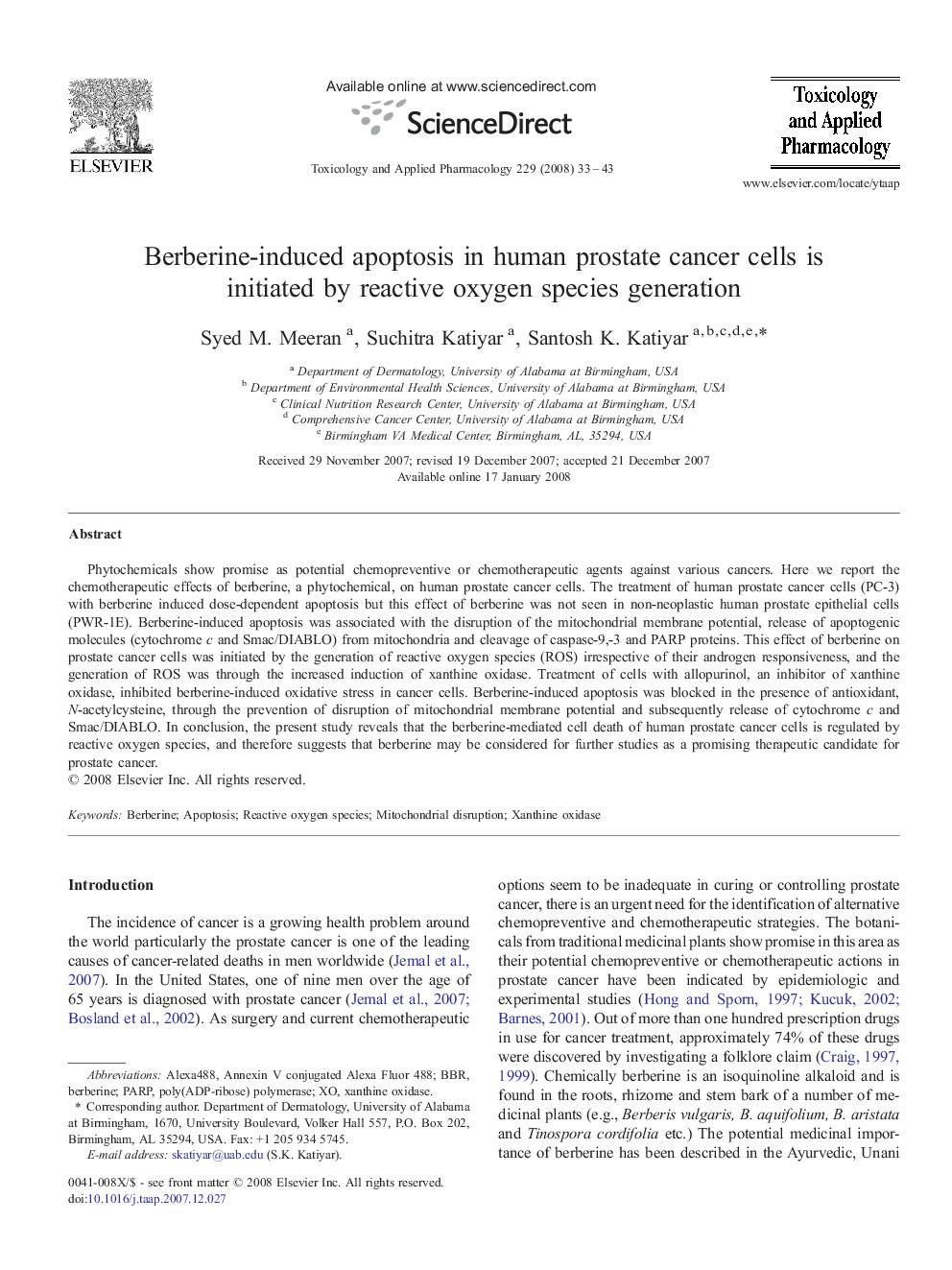 Berberine-induced apoptosis in human prostate cancer cells is initiated by reactive oxygen species generation