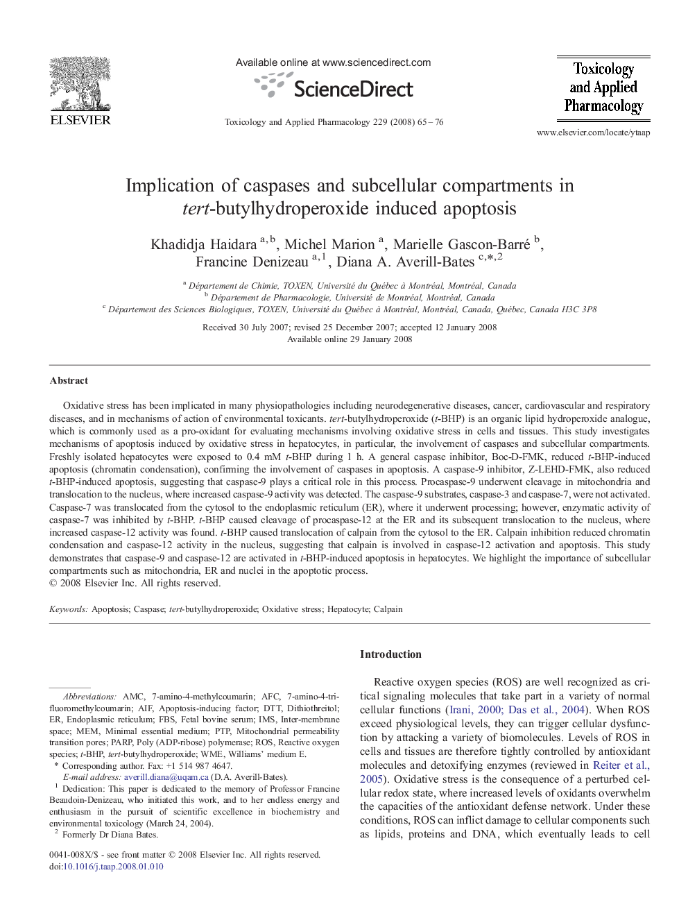 Implication of caspases and subcellular compartments in tert-butylhydroperoxide induced apoptosis