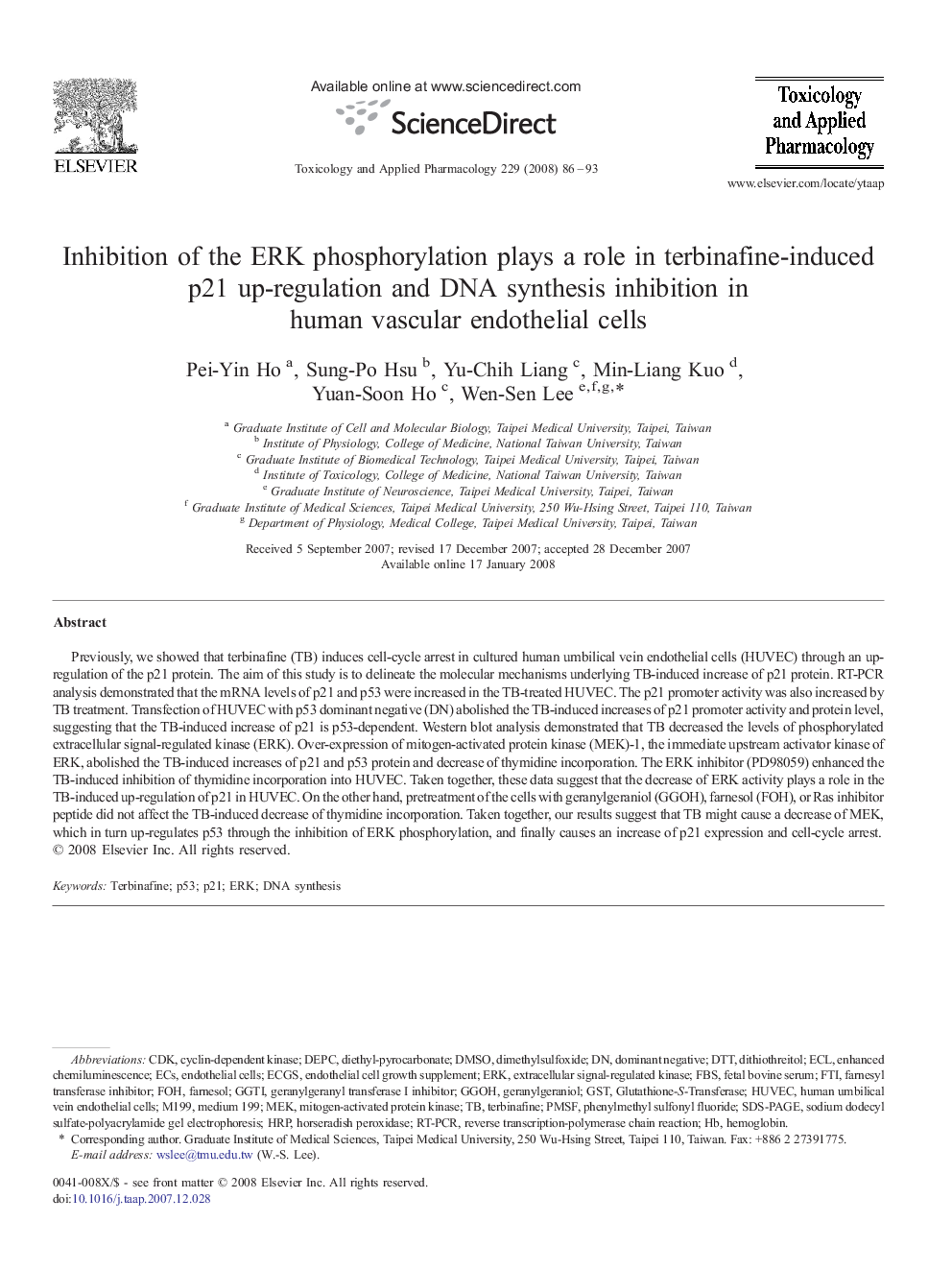 Inhibition of the ERK phosphorylation plays a role in terbinafine-induced p21 up-regulation and DNA synthesis inhibition in human vascular endothelial cells