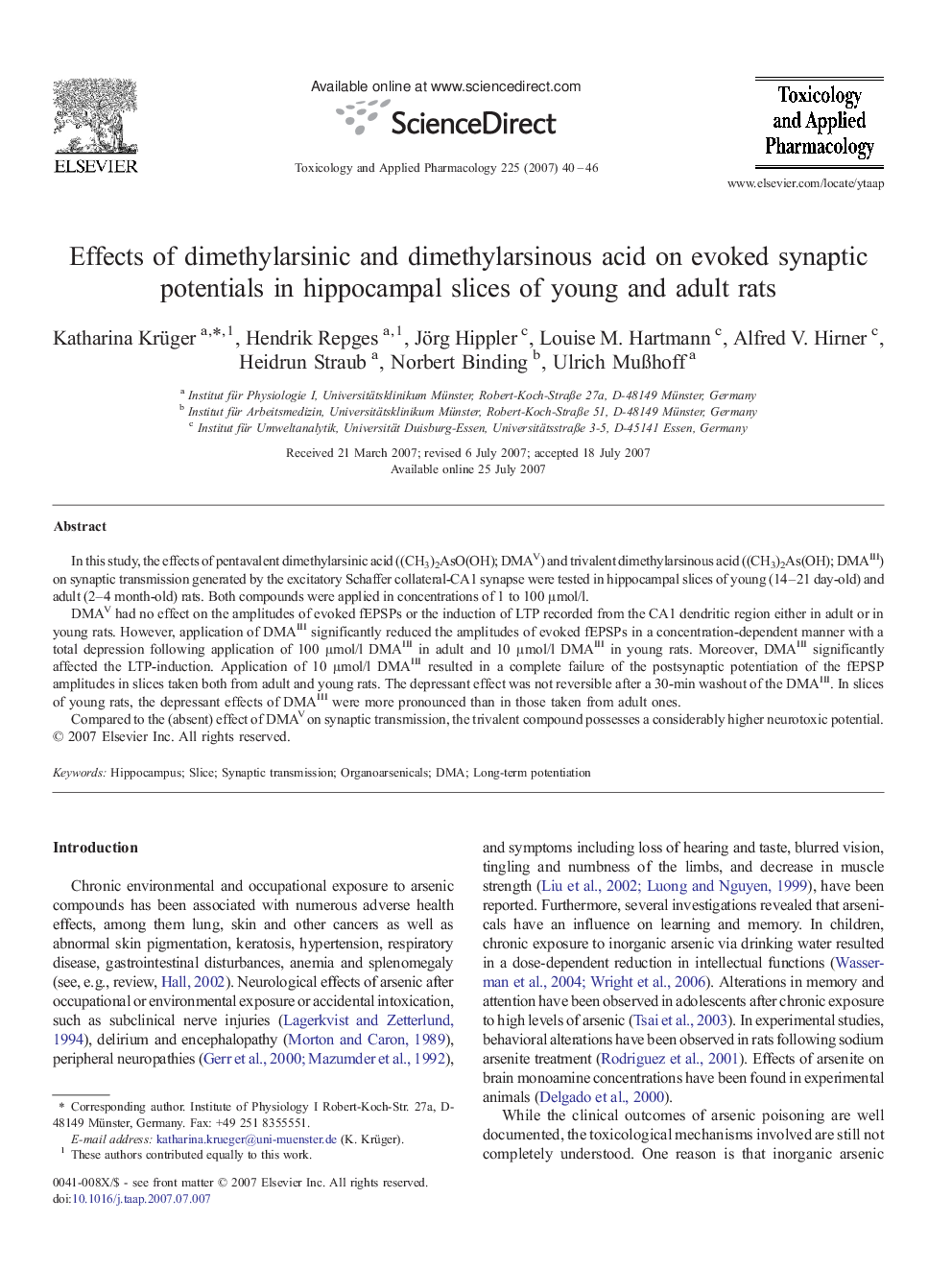 Effects of dimethylarsinic and dimethylarsinous acid on evoked synaptic potentials in hippocampal slices of young and adult rats