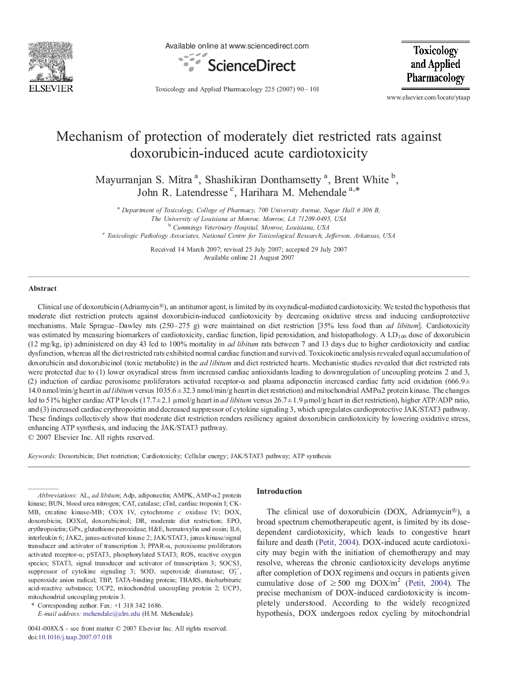 Mechanism of protection of moderately diet restricted rats against doxorubicin-induced acute cardiotoxicity