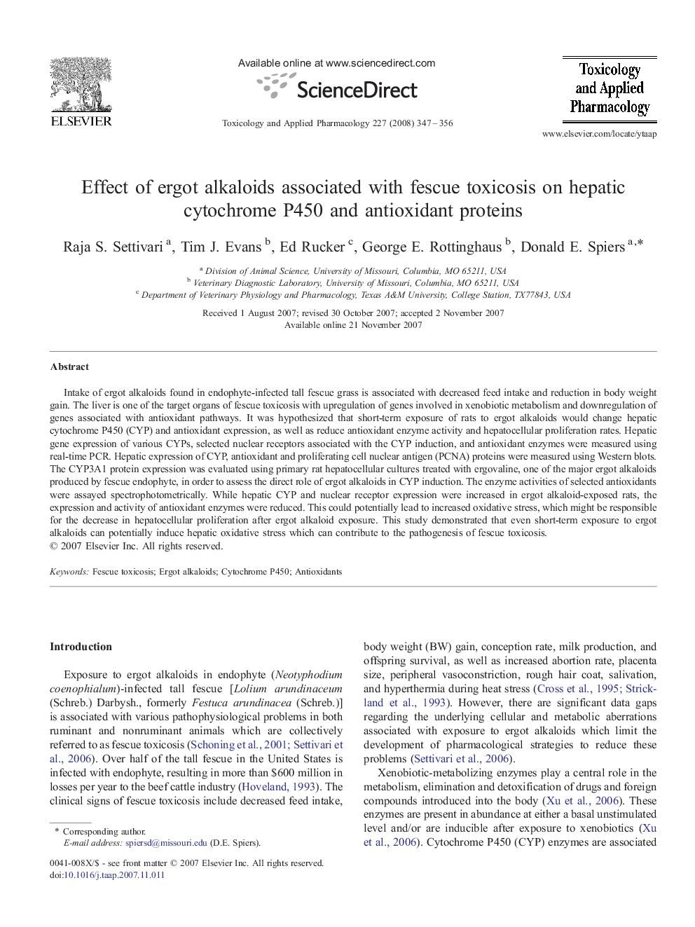 Effect of ergot alkaloids associated with fescue toxicosis on hepatic cytochrome P450 and antioxidant proteins