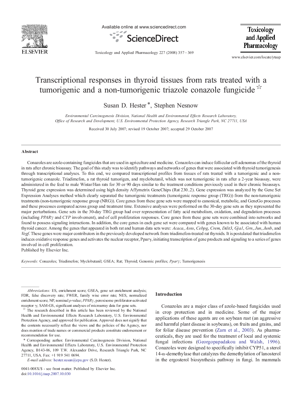 Transcriptional responses in thyroid tissues from rats treated with a tumorigenic and a non-tumorigenic triazole conazole fungicide 