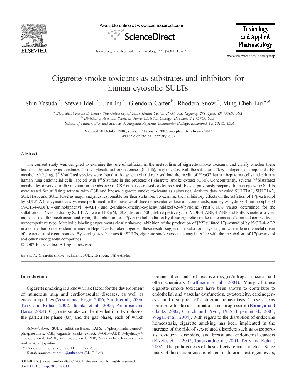 Cigarette smoke toxicants as substrates and inhibitors for human cytosolic SULTs