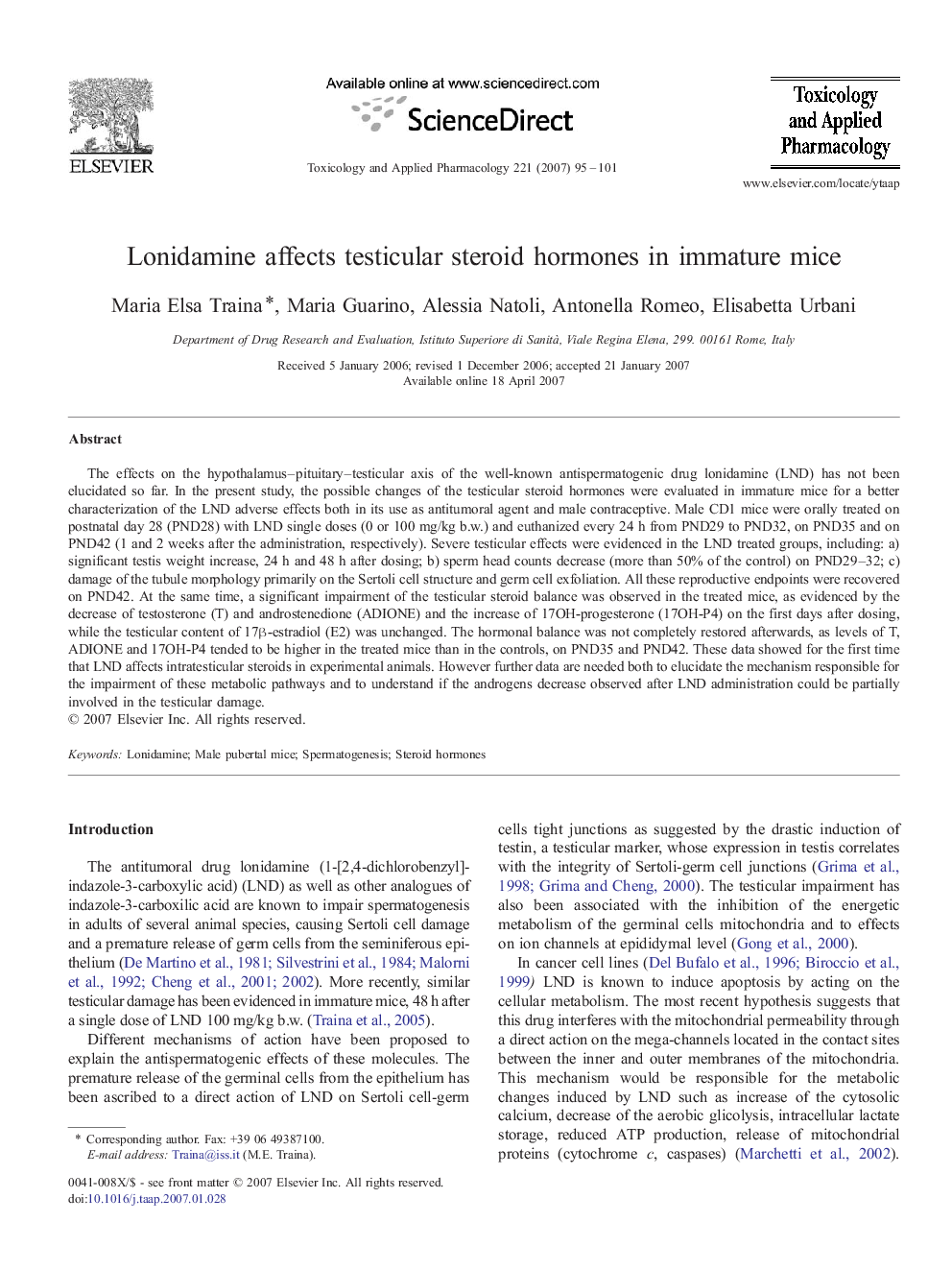 Lonidamine affects testicular steroid hormones in immature mice