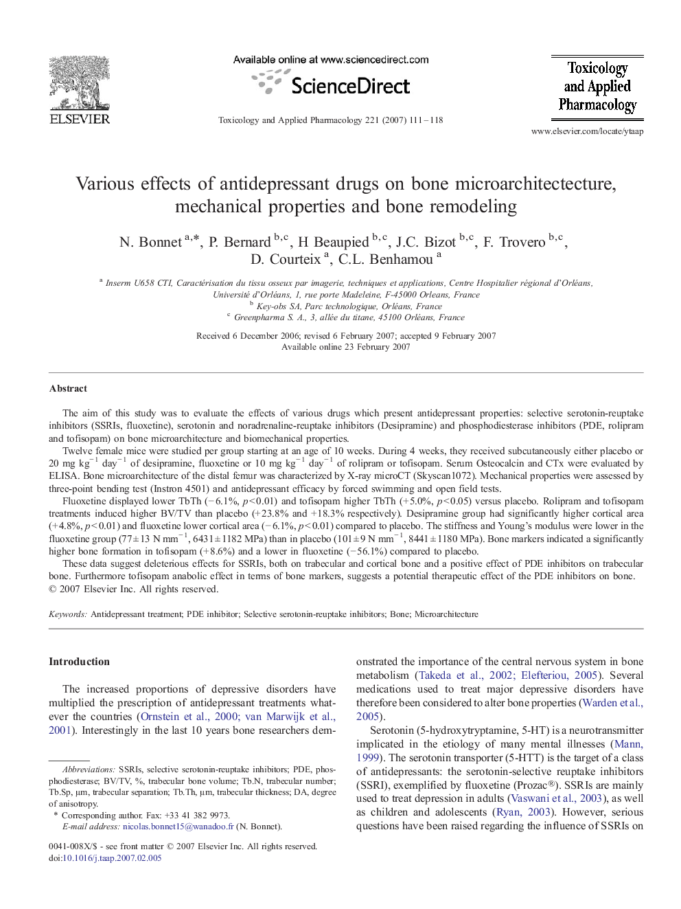 Various effects of antidepressant drugs on bone microarchitectecture, mechanical properties and bone remodeling