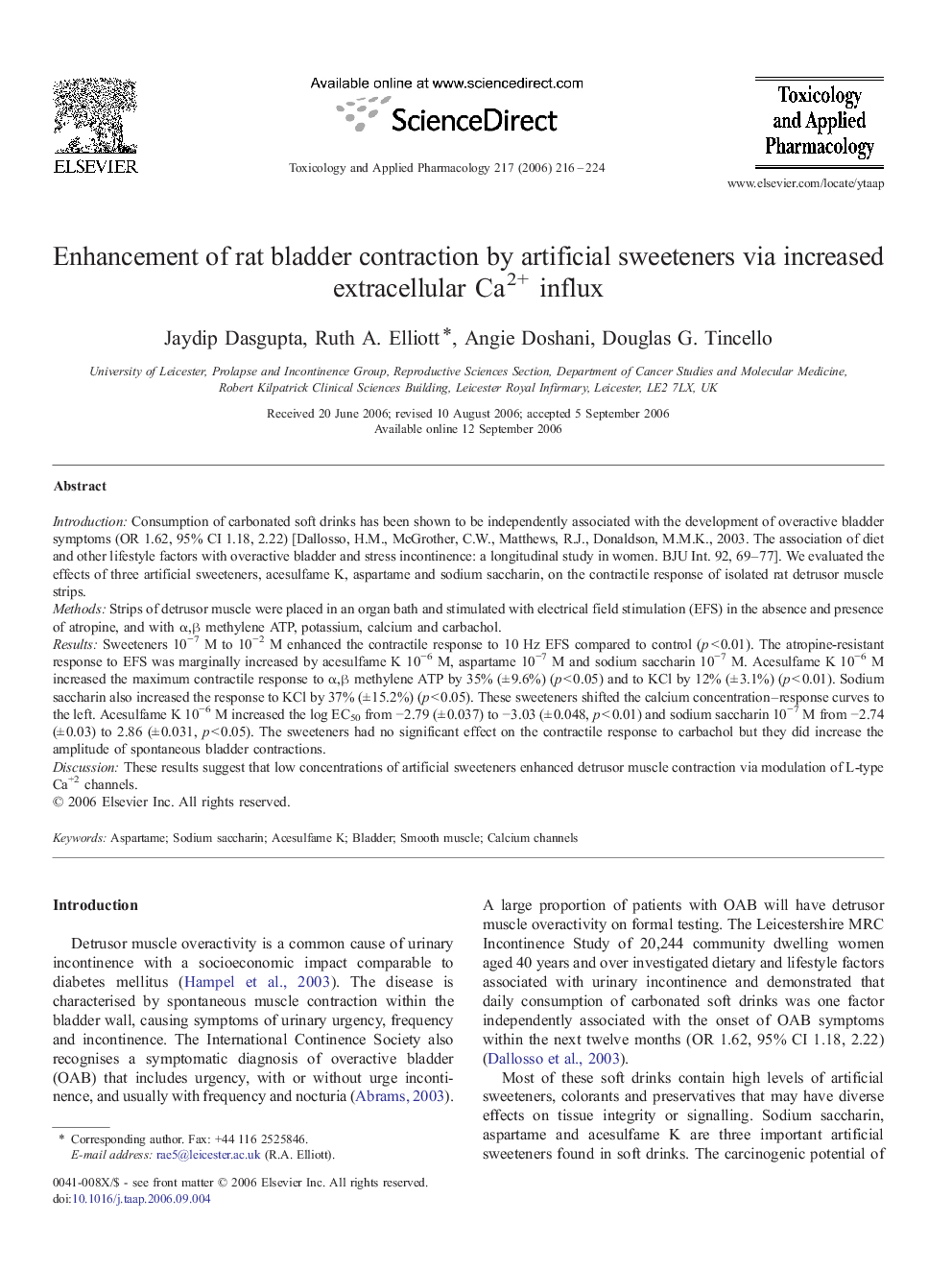 Enhancement of rat bladder contraction by artificial sweeteners via increased extracellular Ca2+ influx