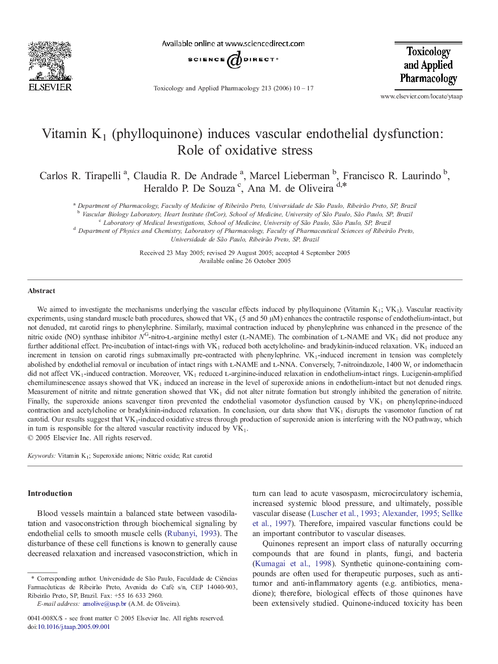 Vitamin K1 (phylloquinone) induces vascular endothelial dysfunction: Role of oxidative stress