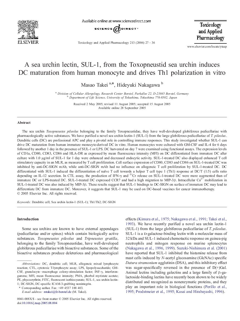 A sea urchin lectin, SUL-1, from the Toxopneustid sea urchin induces DC maturation from human monocyte and drives Th1 polarization in vitro