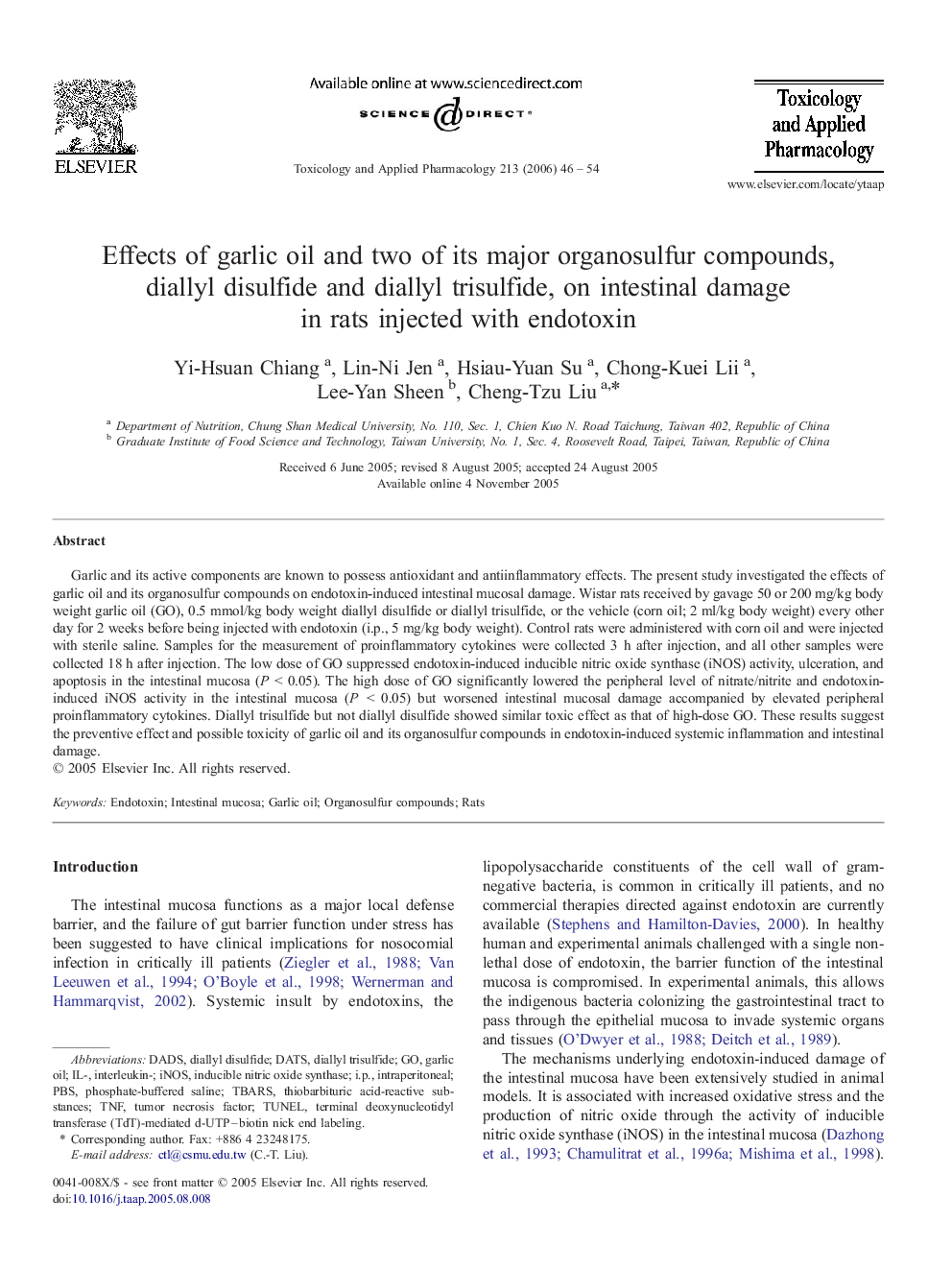 Effects of garlic oil and two of its major organosulfur compounds, diallyl disulfide and diallyl trisulfide, on intestinal damage in rats injected with endotoxin