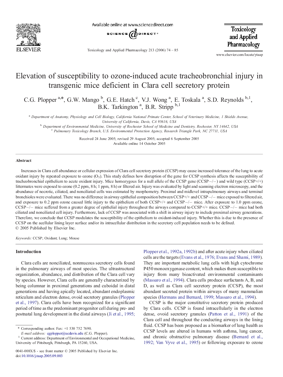 Elevation of susceptibility to ozone-induced acute tracheobronchial injury in transgenic mice deficient in Clara cell secretory protein