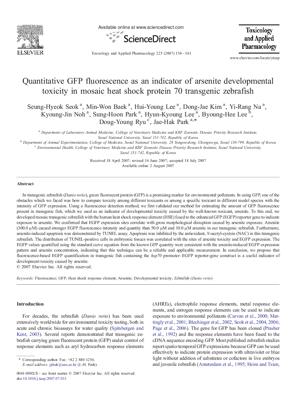 عکس صفحه اول مقاله: Quantitative GFP fluorescence as an indicator of arsenite developmental toxicity in mosaic heat shock protein 70 transgenic zebrafish Quantitative GFP fluorescence as an indicator of arsenite developmental toxicity in mosaic heat shock protein 70 transgenic zebrafish