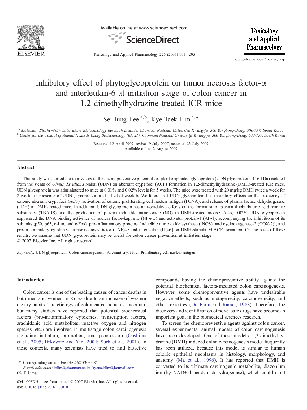 Inhibitory effect of phytoglycoprotein on tumor necrosis factor-α and interleukin-6 at initiation stage of colon cancer in 1,2-dimethylhydrazine-treated ICR mice