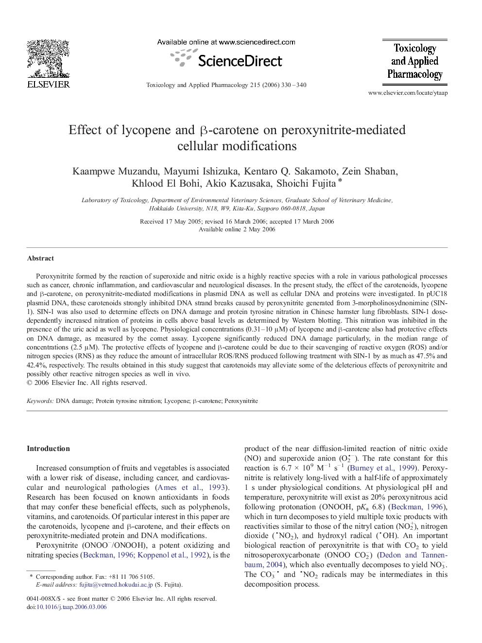 Effect of lycopene and Î²-carotene on peroxynitrite-mediated cellular modifications