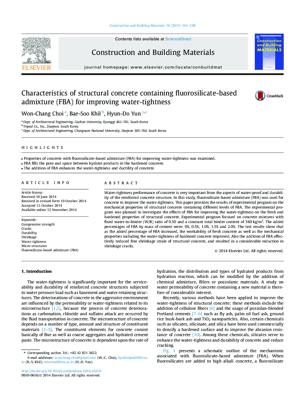 Characteristics of structural concrete containing fluorosilicate-based admixture (FBA) for improving water-tightness