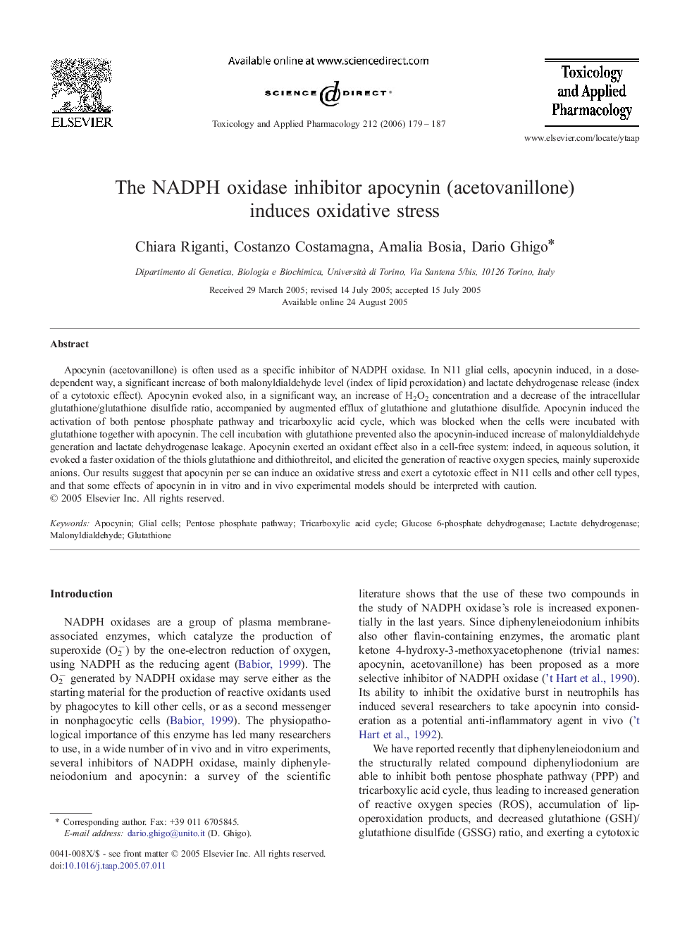 The NADPH oxidase inhibitor apocynin (acetovanillone) induces oxidative stress