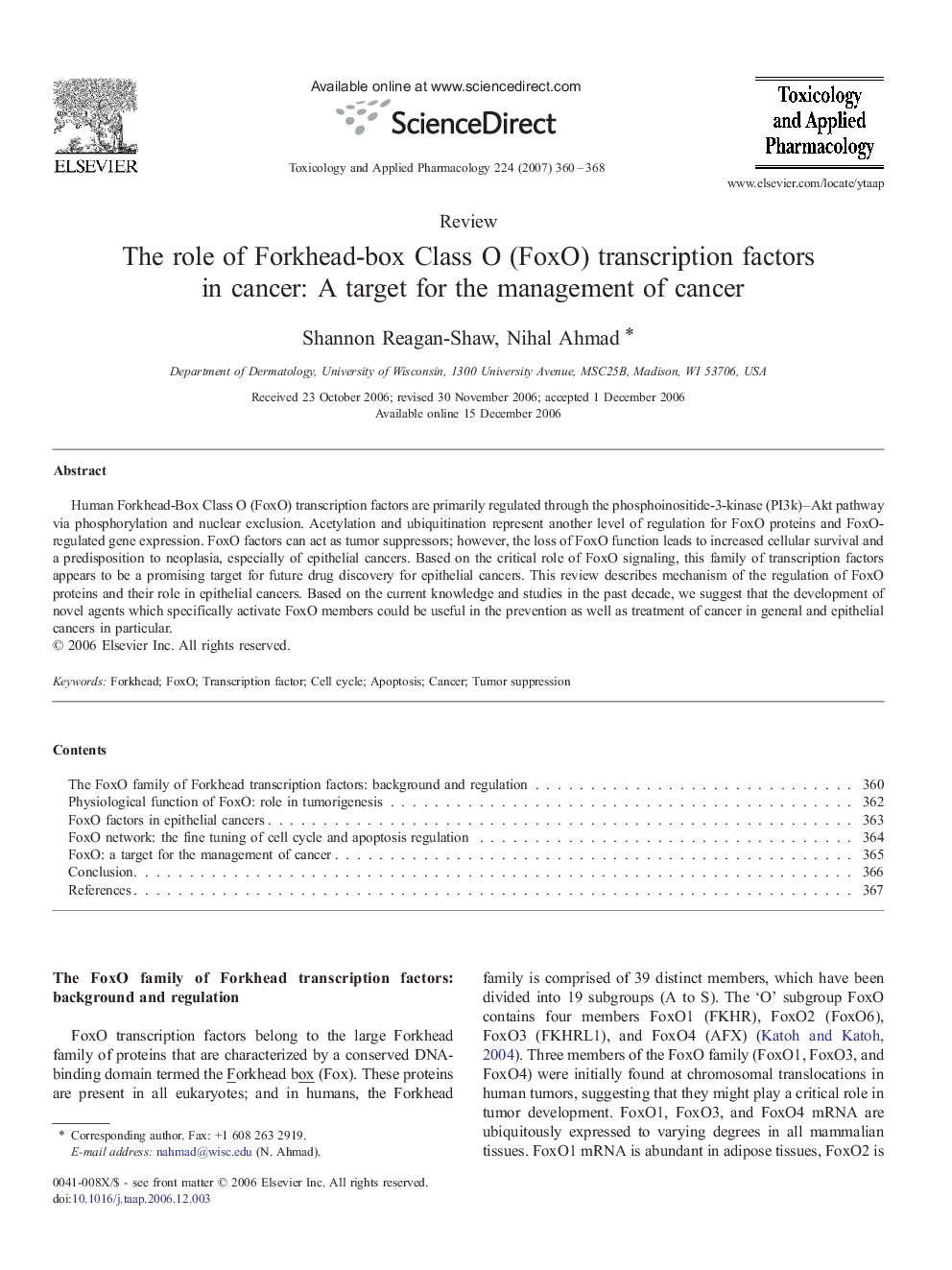 The role of Forkhead-box Class O (FoxO) transcription factors in cancer: A target for the management of cancer