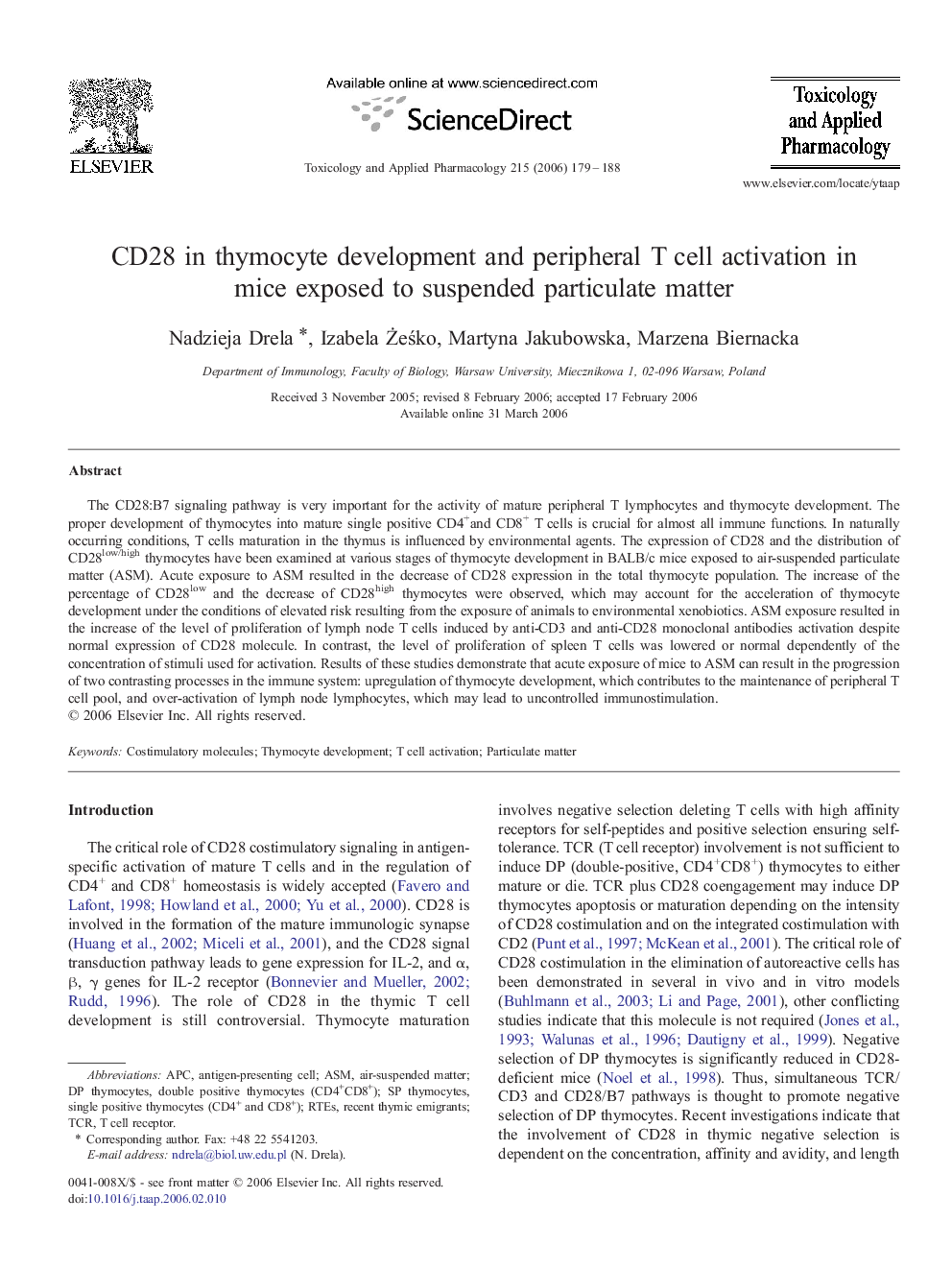 CD28 in thymocyte development and peripheral T cell activation in mice exposed to suspended particulate matter