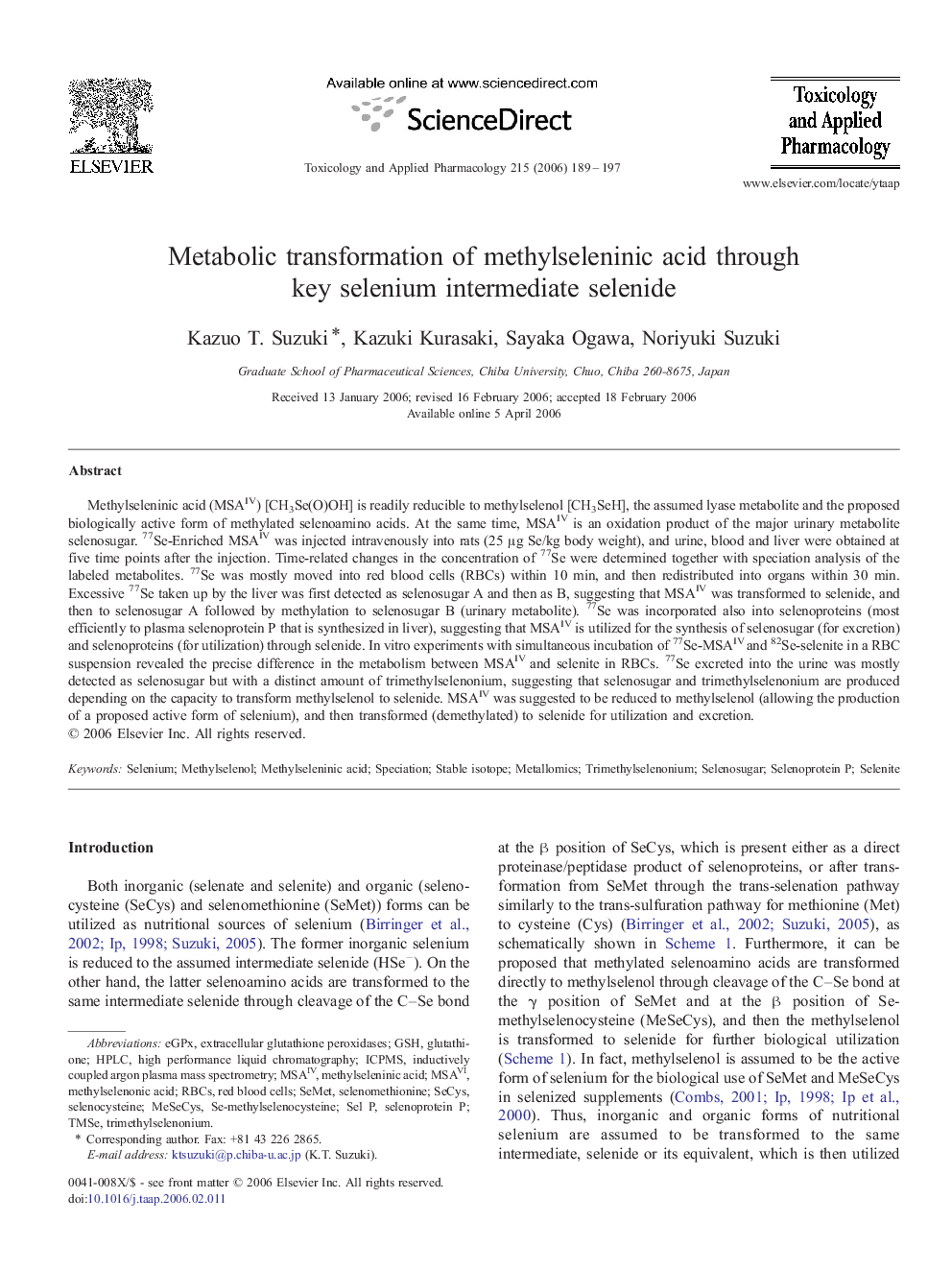 Metabolic transformation of methylseleninic acid through key selenium intermediate selenide