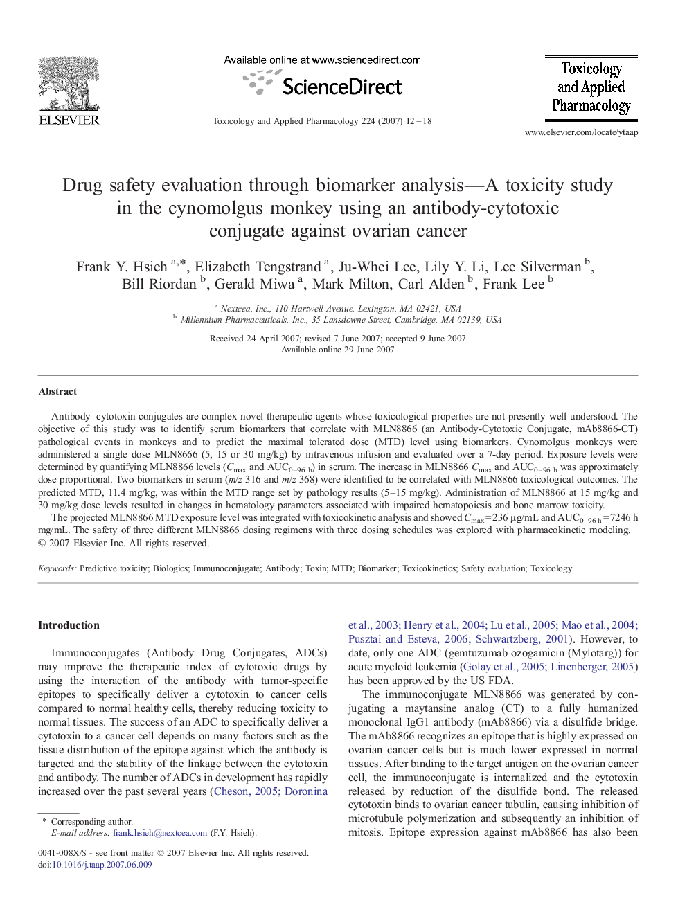 Drug safety evaluation through biomarker analysis—A toxicity study in the cynomolgus monkey using an antibody-cytotoxic conjugate against ovarian cancer