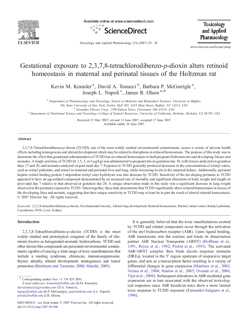 Gestational exposure to 2,3,7,8-tetrachlorodibenzo-p-dioxin alters retinoid homeostasis in maternal and perinatal tissues of the Holtzman rat