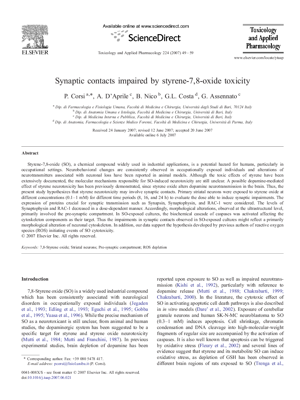 Synaptic contacts impaired by styrene-7,8-oxide toxicity