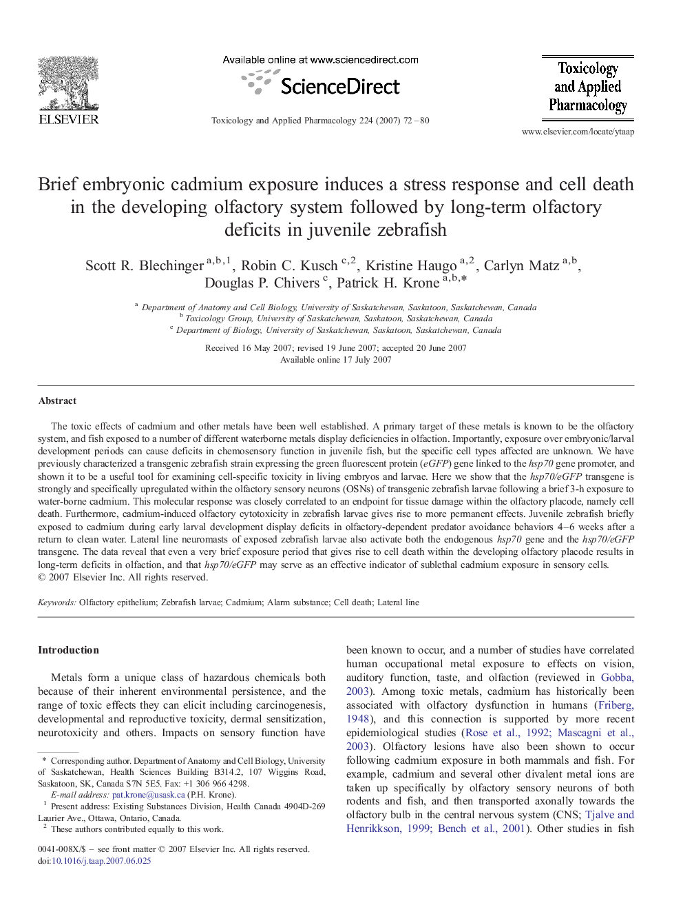 Brief embryonic cadmium exposure induces a stress response and cell death in the developing olfactory system followed by long-term olfactory deficits in juvenile zebrafish