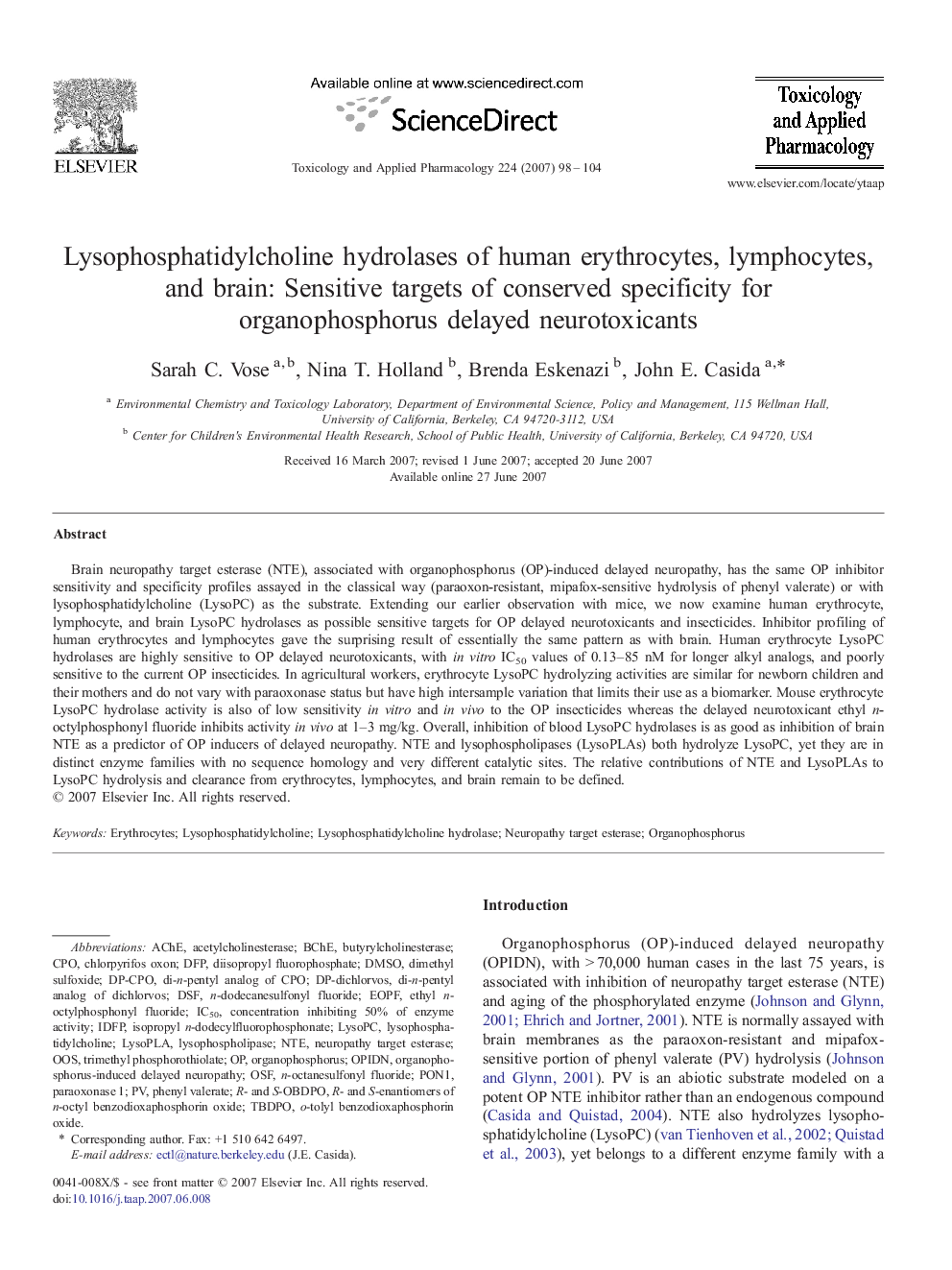 Lysophosphatidylcholine hydrolases of human erythrocytes, lymphocytes, and brain: Sensitive targets of conserved specificity for organophosphorus delayed neurotoxicants