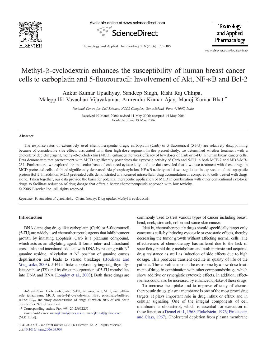 Methyl-β-cyclodextrin enhances the susceptibility of human breast cancer cells to carboplatin and 5-fluorouracil: Involvement of Akt, NF-κB and Bcl-2