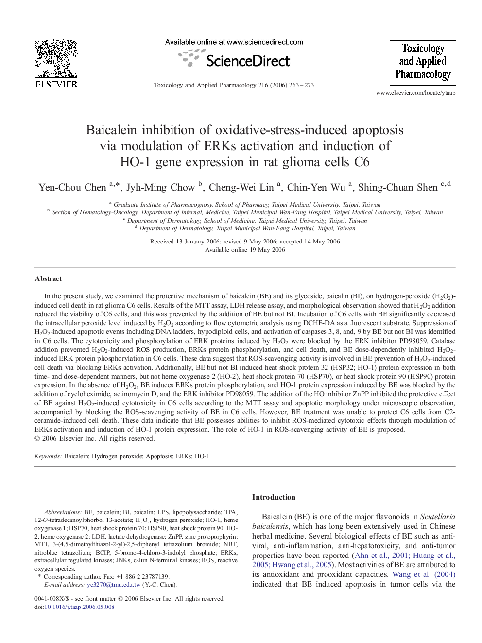 Baicalein inhibition of oxidative-stress-induced apoptosis via modulation of ERKs activation and induction of HO-1 gene expression in rat glioma cells C6